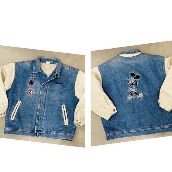 Vintage Disney Store Mickey Mouse 1928 Denim Varsity Jacket Adult Quilted Club - Picture 1 of 16